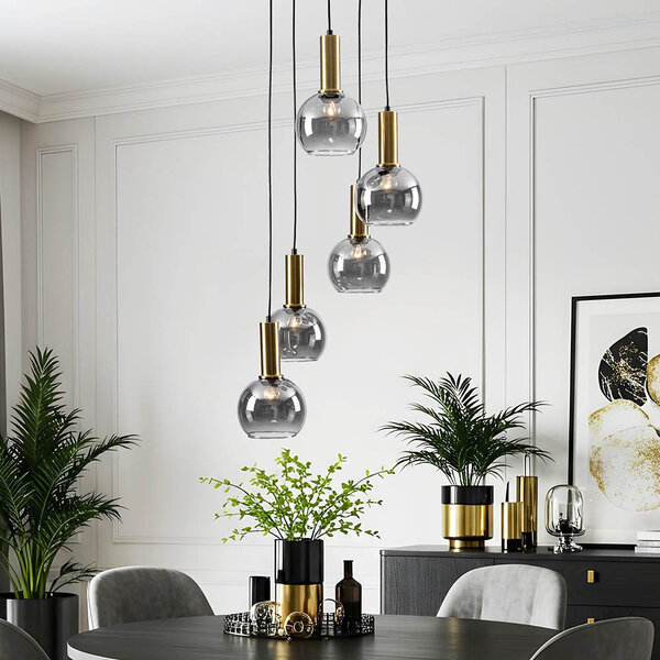 Design-Pendelleuchte Imme gold mit Rauchglas, 5-flammig