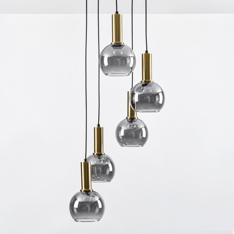 Design-Pendelleuchte Imme gold mit Rauchglas, 5-flammig