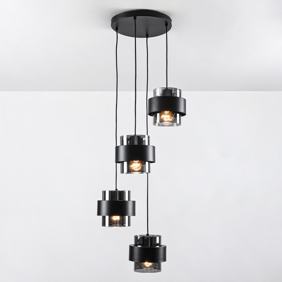 Moderne Pendelleuchte schwarz mit Rauchglas, 4-flammig - Fynna