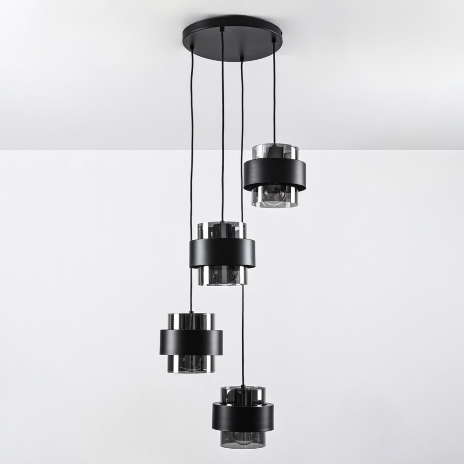 Moderne Pendelleuchte schwarz mit Rauchglas, 4-flammig - Fynna
