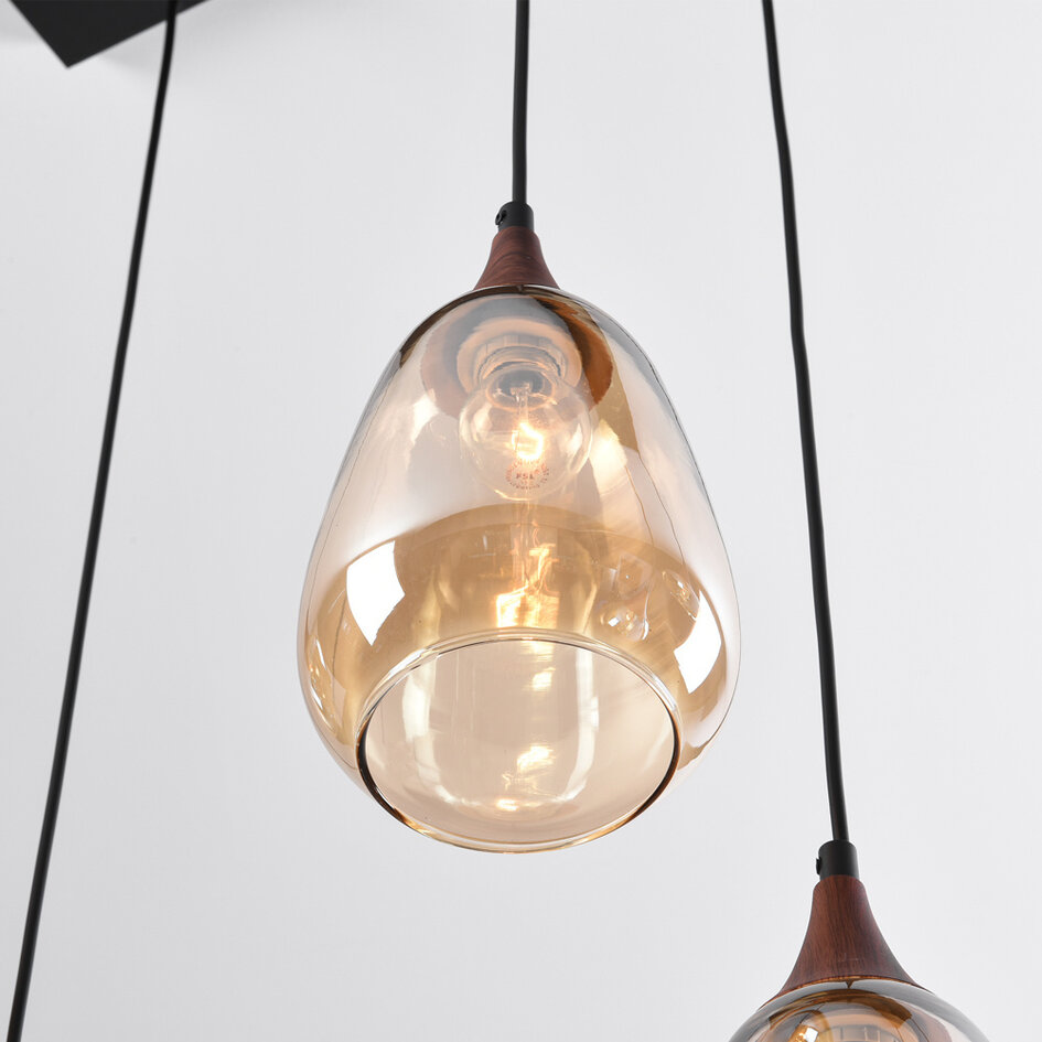Pendelleuchte mit amber Glas und dunkler Holzoptik, 6-flammig - Loic