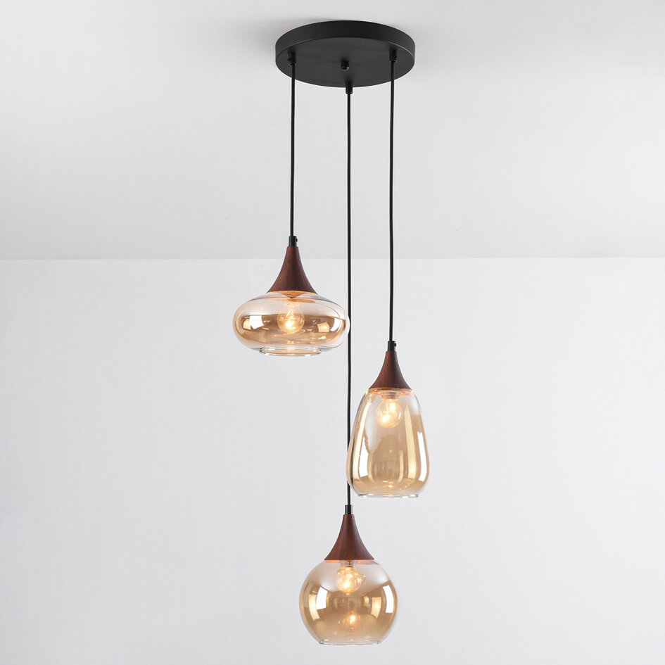 Pendelleuchte mit amber Glas und dunkler Holzoptik, 3-flammig - Loua