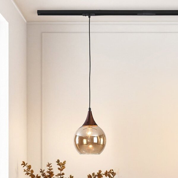 Pendelleuchte für 1-Phasen-Schiene Nya mit rundem Amberglas und dunkler Holzoptik