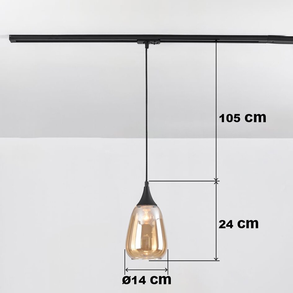 Pendelleuchte für 1-Phasen-Schiene Noi mit tropfenförmigem Amberglas
