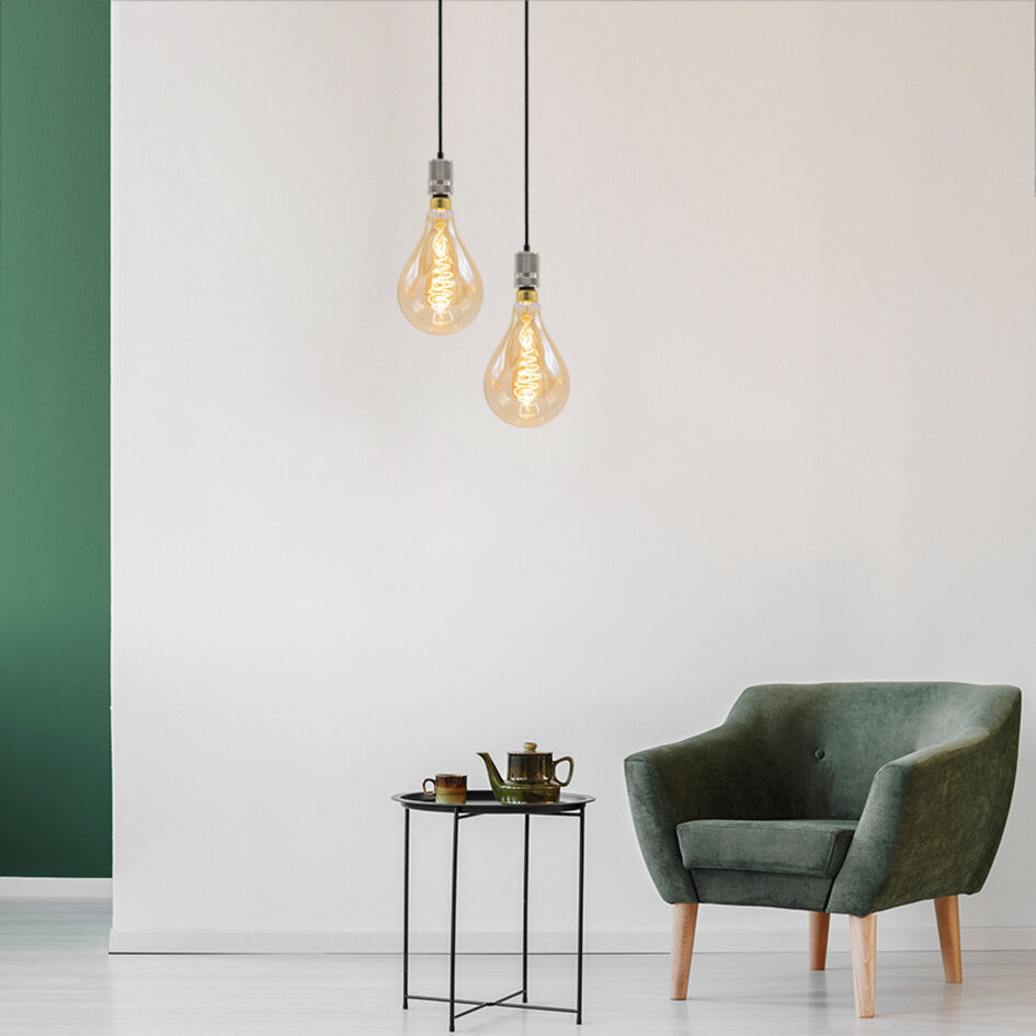 Industrielle Silberschnur-Hängeleuchte inkl. 8,5W bis 10W XXL Lampe, amber Glas, 2000K, Ø160