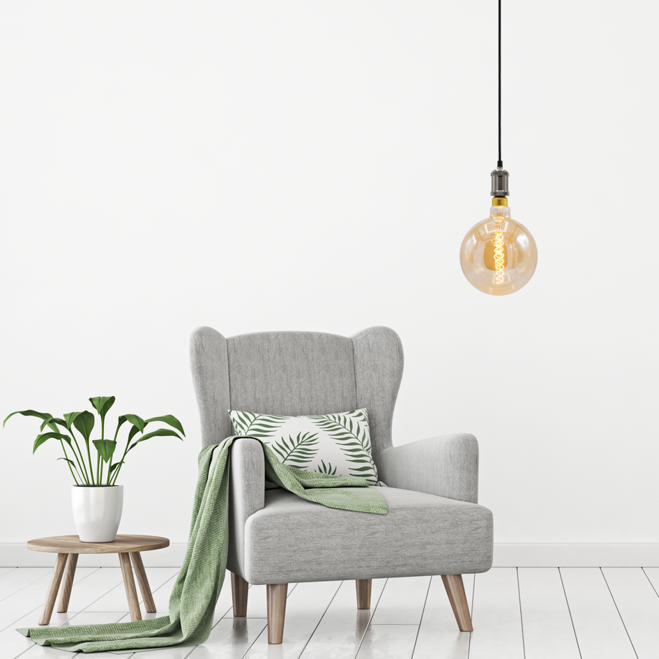 Moderne Silberschnur-Hängeleuchte inkl. 8,5W bis 10W XXXL-Lampe, amber glas, 2000K, Ø200