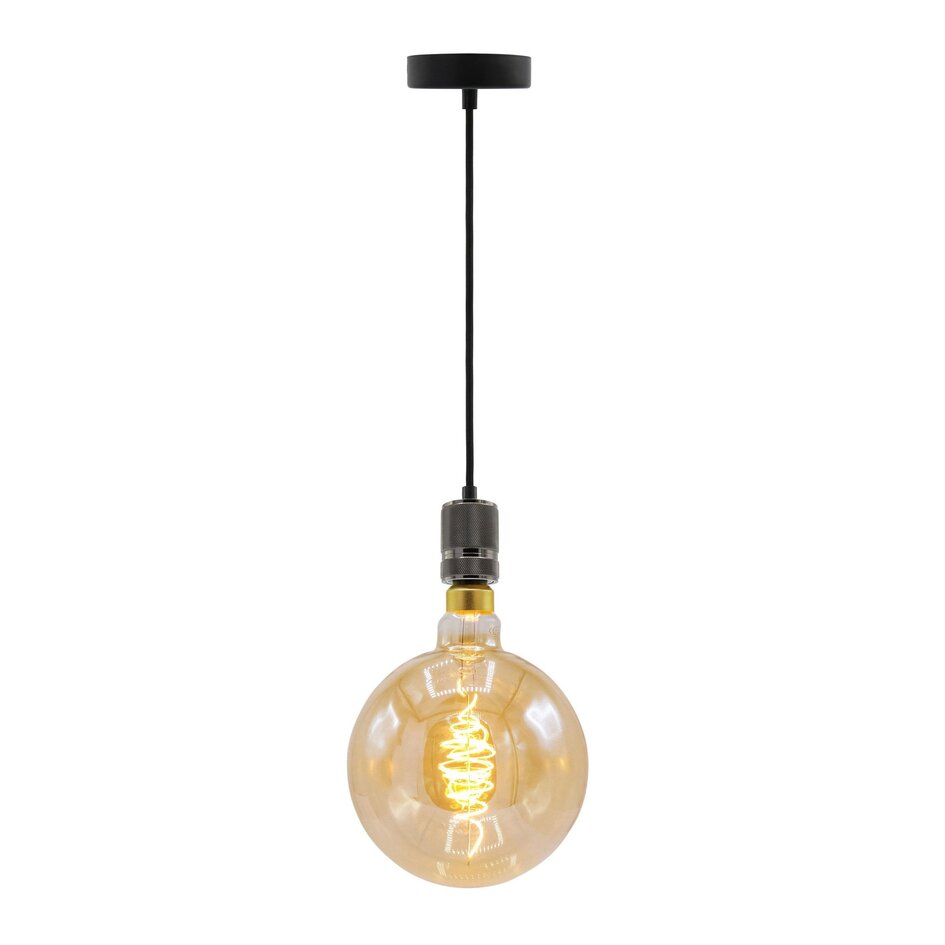 Industrielle, schwarz glänzende Hängeleuchte inkl. 8,5W bis 10W XXXL Lampe, amber Glas, 2000K, Ø200