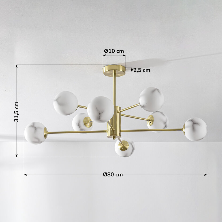 Design Sand Gold Deckenleuchte mit Kugeln in Marmoroptik, 8-flammig - Idaho