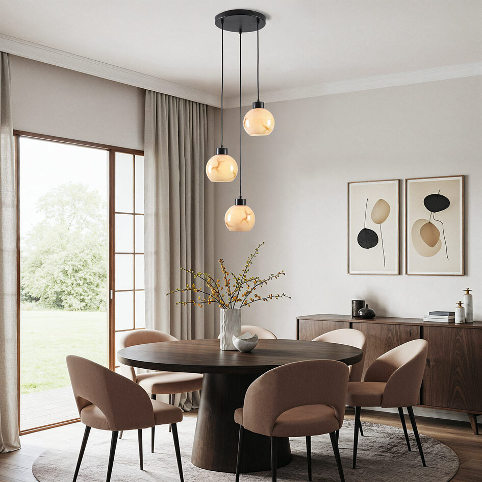 3-Licht-Pendelleuchte mattschwarz mit Marmoroptik - Marmore