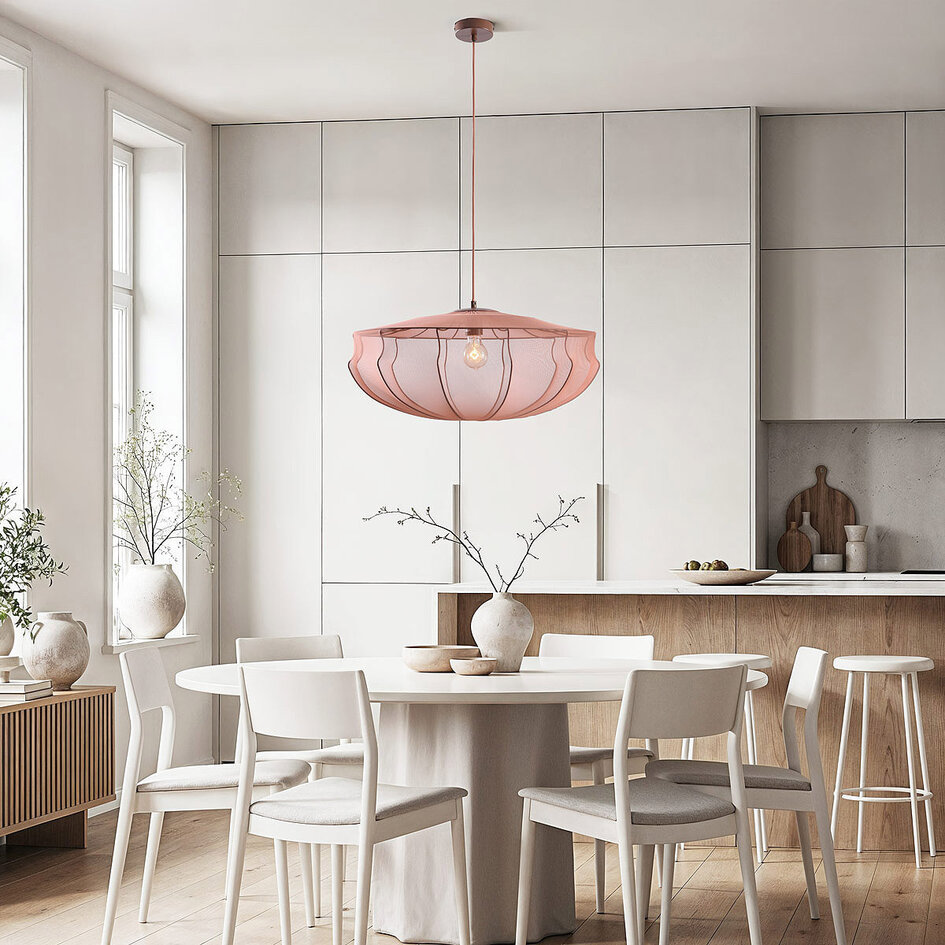 Japandi Pendelleuchte Feronia mit rosa Stoffschirm Ø60 cm