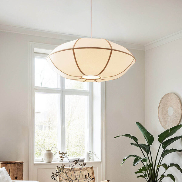 Moderne Pendelleuchte Ovala mit beigem Leinenschirm und braunen Akzenten Ø70 cm