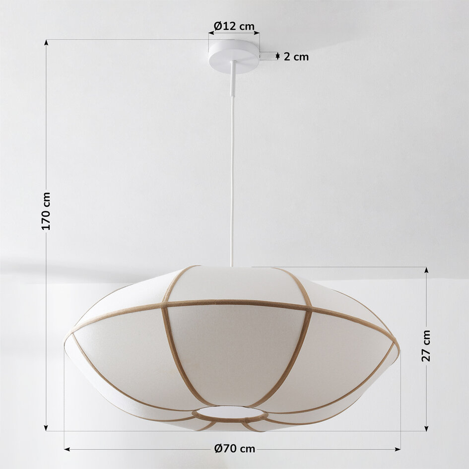 Moderne Pendelleuchte Ovala mit beigem Leinenschirm und braunen Akzenten Ø70 cm