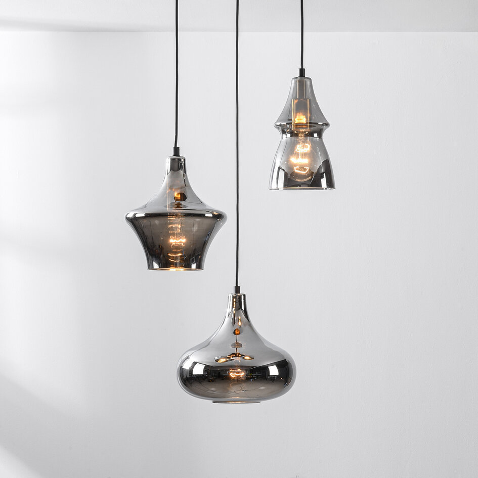 3-flammige moderne Hängelampe Calypso schwarz mit Rauchglas
