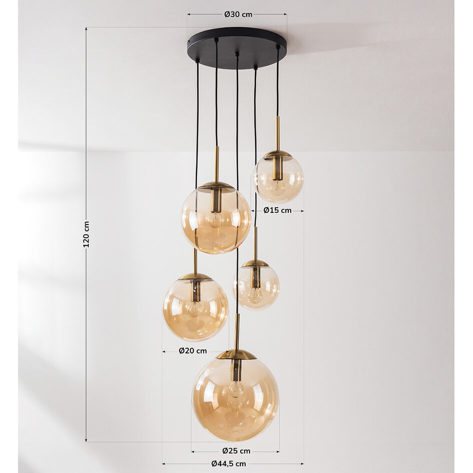 5-flammige Hängelampe Marui mit amber Glas-Kugeln und goldenen Akzenten