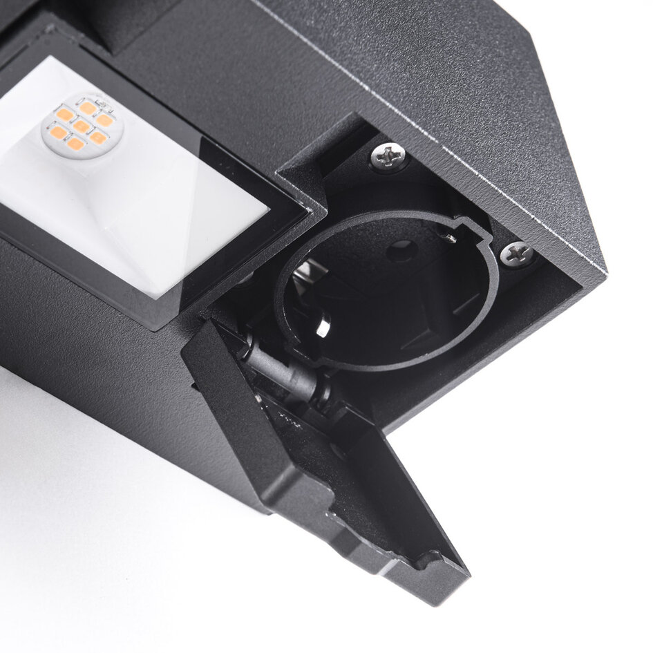 Außenwandleuchte Fora mit integrierter LED und 2 Steckdosen – schwarz