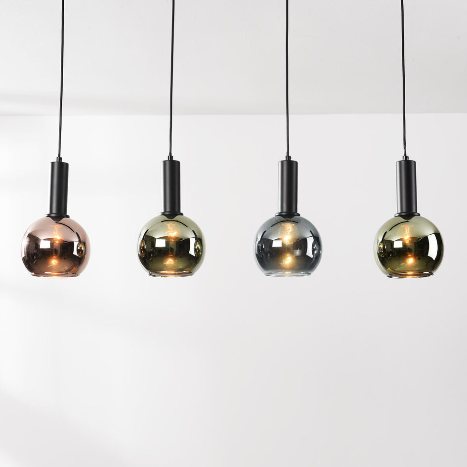 4-flammige Hängelampe Imke mit graublauem Rauchglas, grünem Glas und Kupferglas
