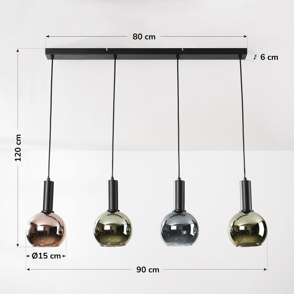4-flammige Hängelampe Imke mit graublauem Rauchglas, grünem Glas und Kupferglas