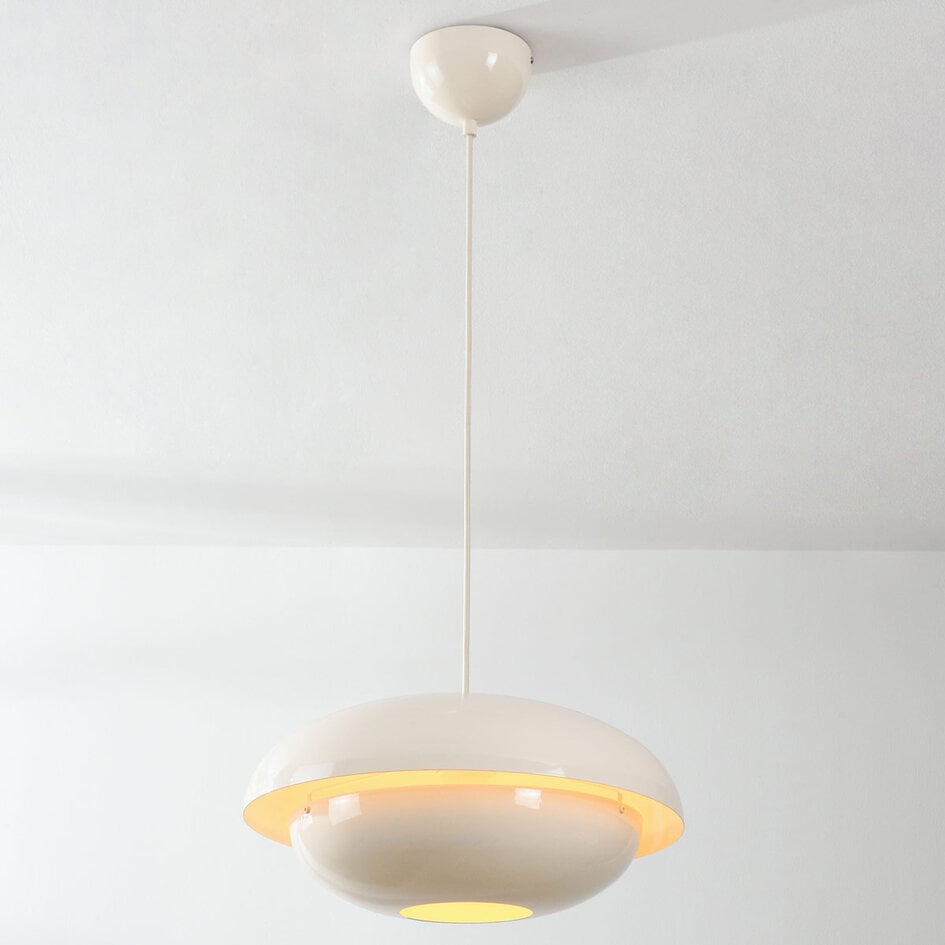 Moderne Retro-Pendelleuchte Orbia in hellem Beige Hochglanz