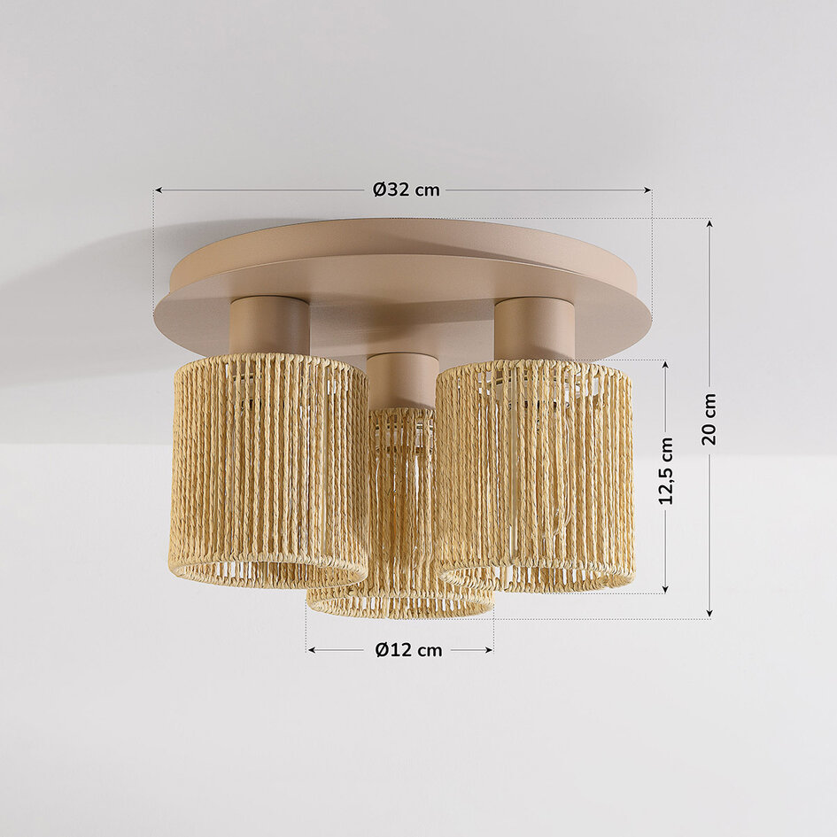 3-flammige Deckenleuchte Canna - Beige mit gewebtem Seil