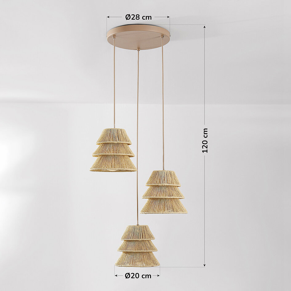 Boho-Pendelleuchte Tula - naturfarbene Schirme aus gewebtem Seil