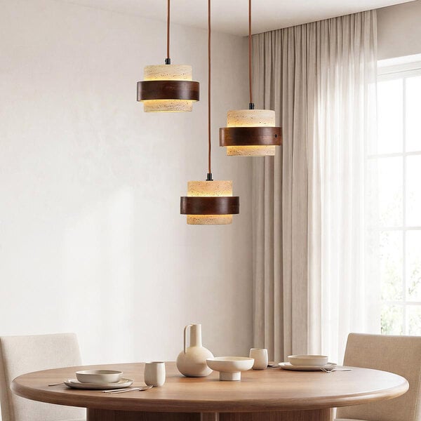 Design-Hängelampe Travé aus Travertin (Naturstein) und Holz, 3-flammig