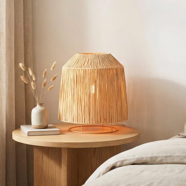 Tischlampe Aruna aus Raffiabaumfasern mit beigem Metallfuß