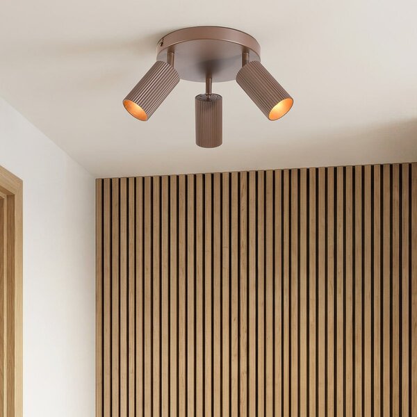 Runde Deckenlampe Blaze mit 3 verstellbaren Spots, geriffeltes Braun