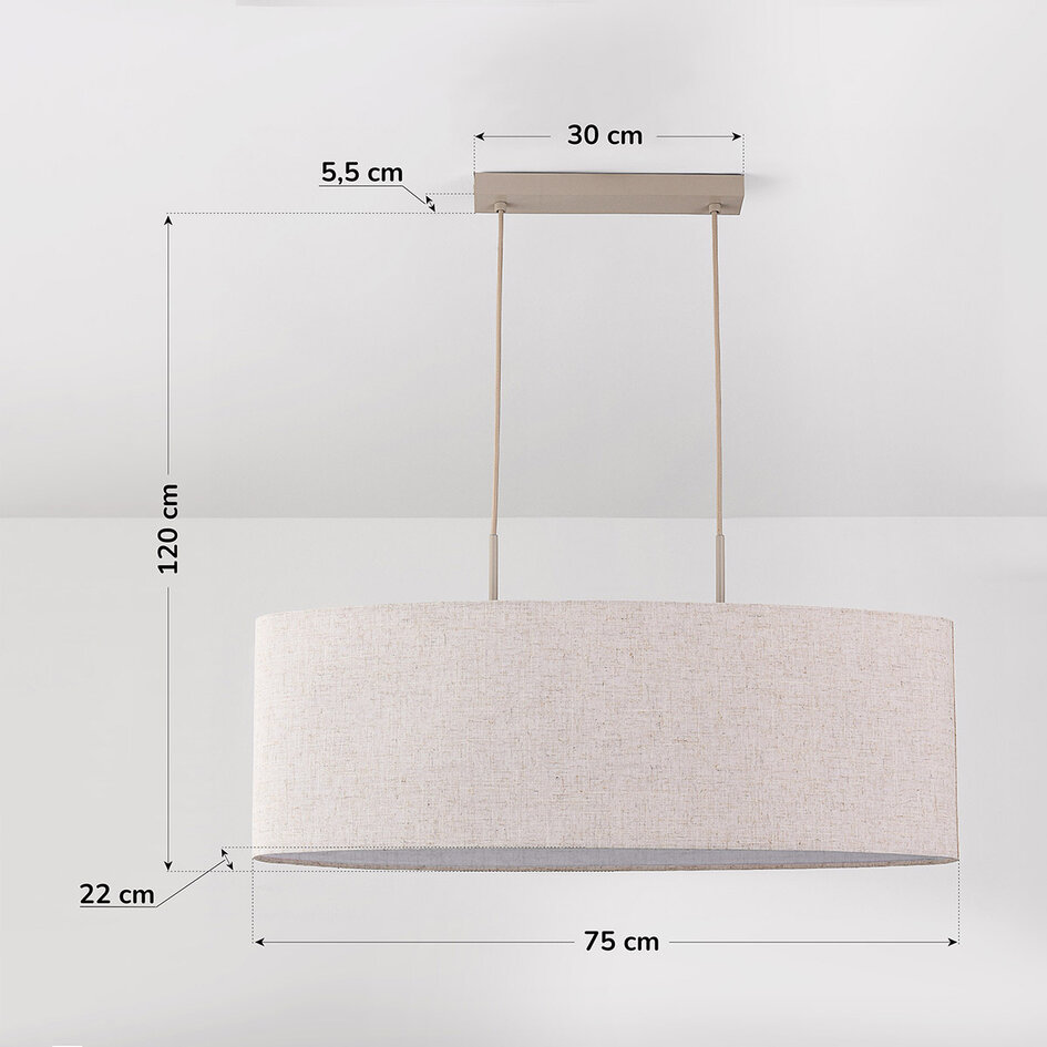 Minimalistische Hängelampe Lureva beige mit Leinen-Schirm, 2-flammig