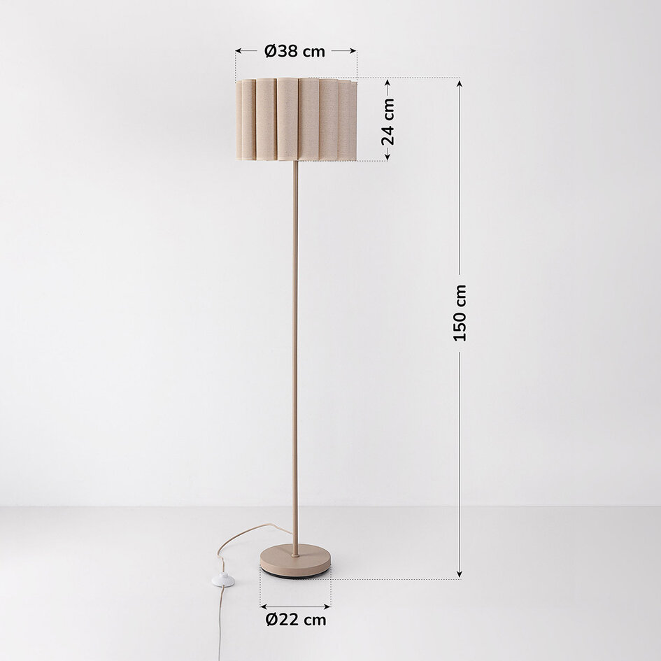 Beige Stehleuchte Cely mit plissiertem Leinenstoffschirm