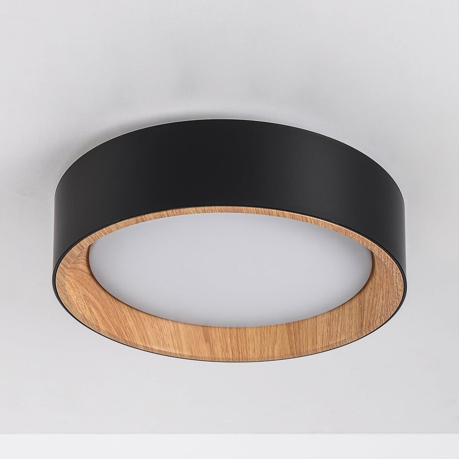 LED-Deckenleuchte Larios, 3-stufig dimmbar Ø29 cm - Schwarz mit Holzakzent