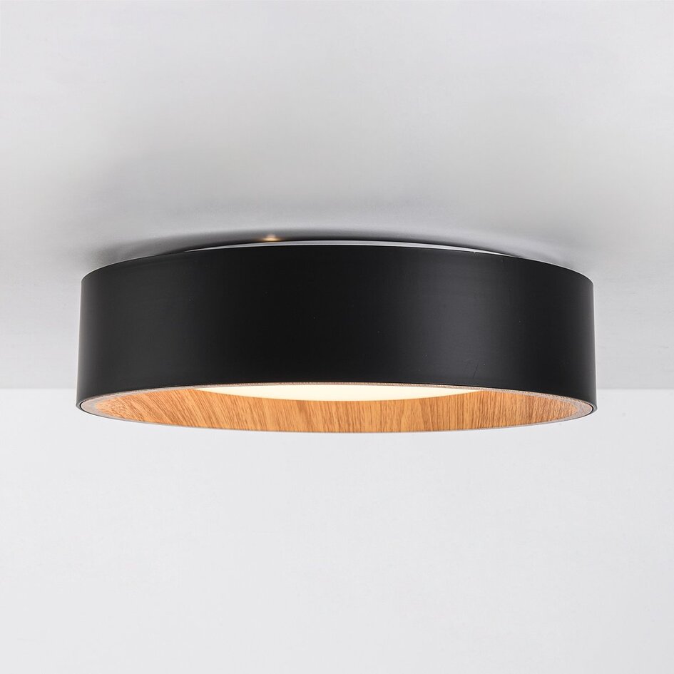 LED-Deckenleuchte Larios, 3-stufig dimmbar Ø29 cm - Schwarz mit Holzakzent