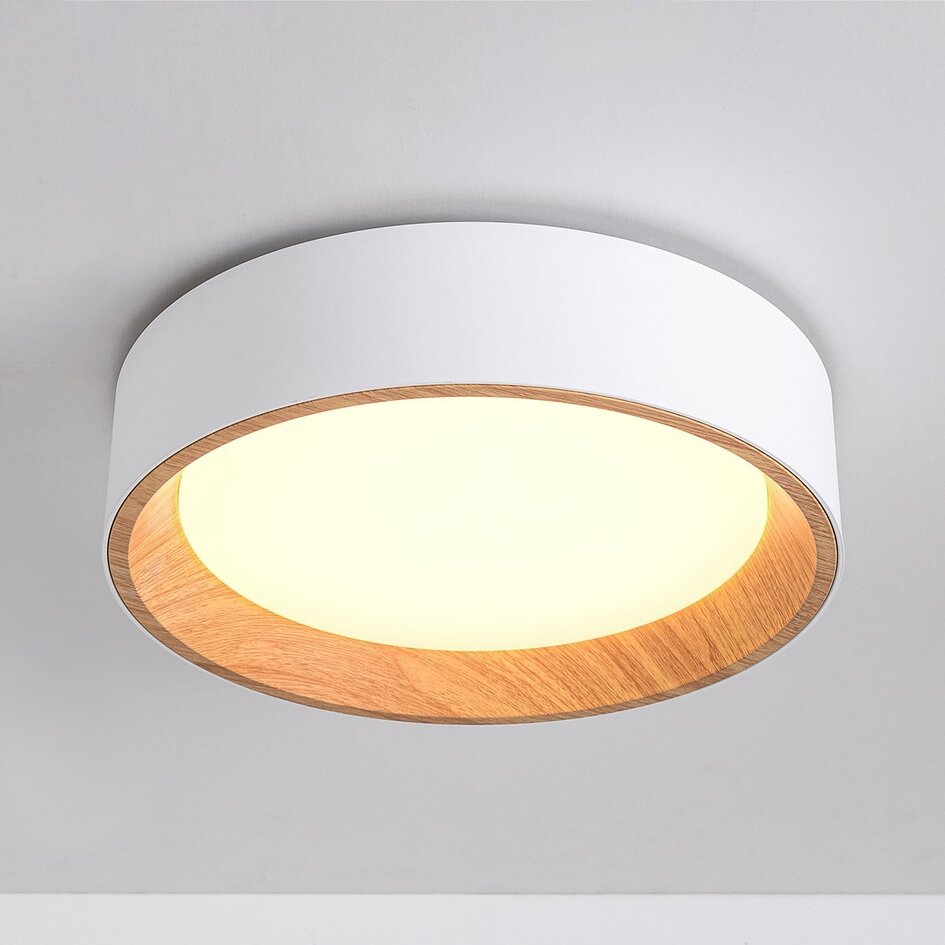 LED-Deckenleuchte Larios, 3-stufig dimmbar Ø29 cm - Weiß mit Holzakzent