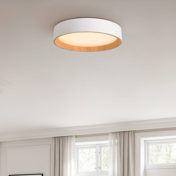 LED-Deckenleuchte Larios, 3-stufig dimmbar Ø39 cm - Weiß mit Holzakzent