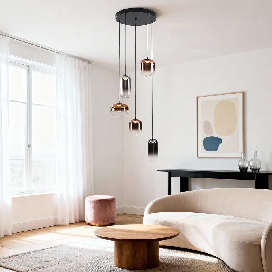 3-stufig dimmbare Hängelampe Kafei mit LED und Glaskappen in Gold, Rauch und Kupfer