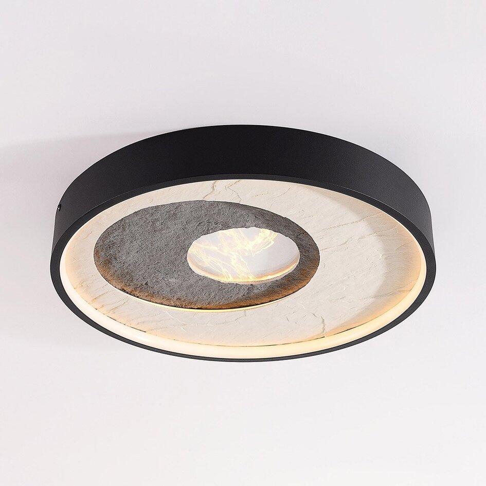 Deckenleuchte Cercul Schwarz mit grauem und cremeweißem Steineffekt Ø40 cm, 3-stufig dimmbar