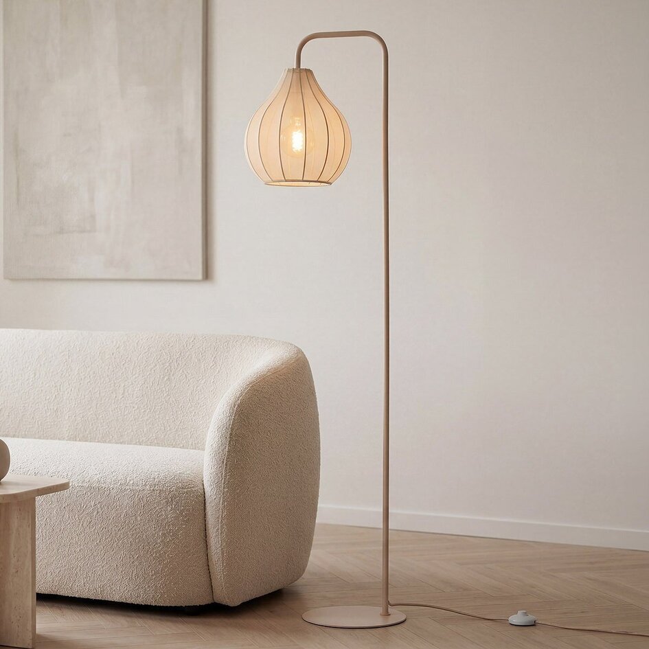 Stehende Bogenlampe Siena aus Stoff in warmem Sandbeige