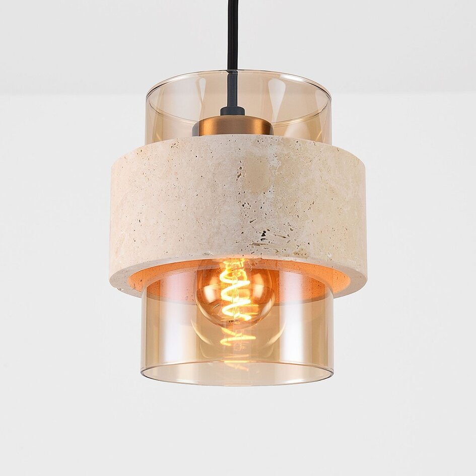 Hängelampe Yuki mit Travertin (Naturstein) und amber Glas
