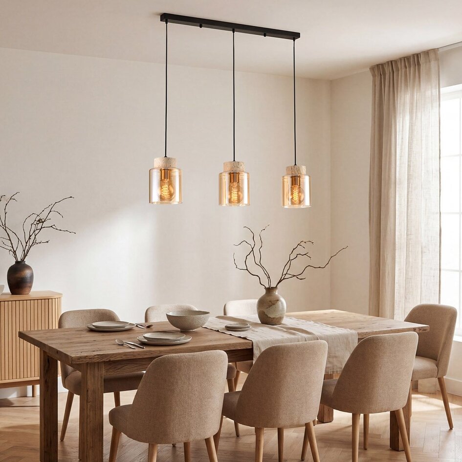 Hängelampe Naki 3-flammig mit Travertin (Naturstein) und amber Glas