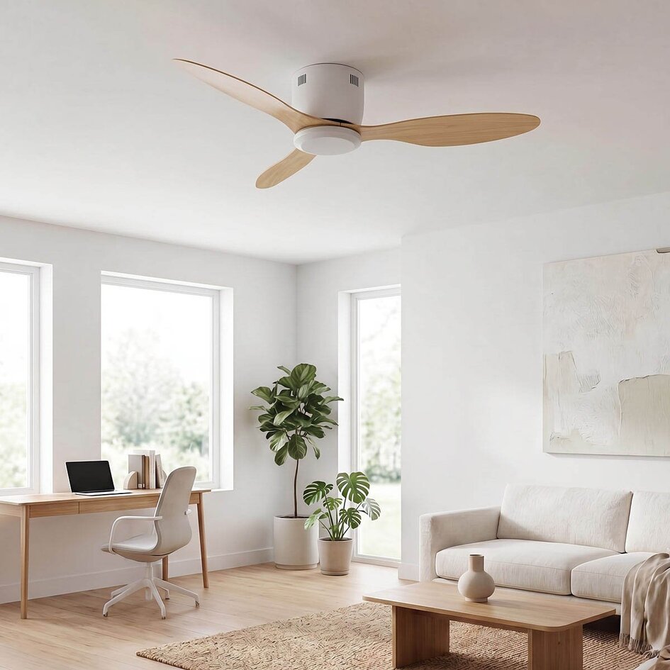 Deckenventilator Rivotra mit Fernbedienung - Weiß und Buchenholz