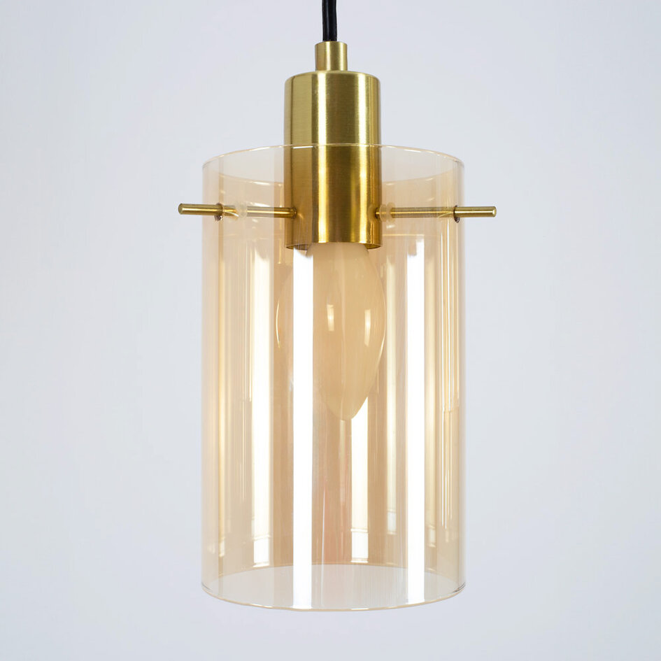 Industrielle mattschwarze und sandgoldene Pendelleuchte mit amber Glas 4-flammig - Tuscon
