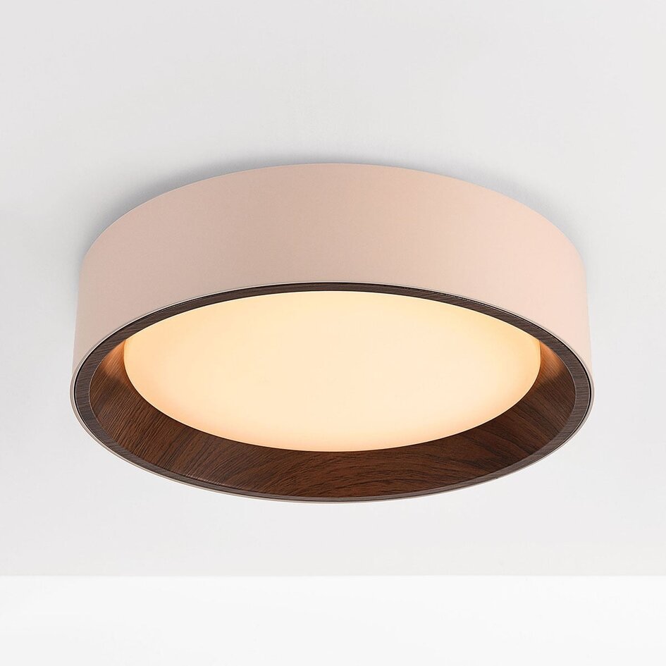 Deckenlampe Nardia mit integrierter LED und 3-stufig dimmbar Ø29 cm in Beige mit Holzakzent
