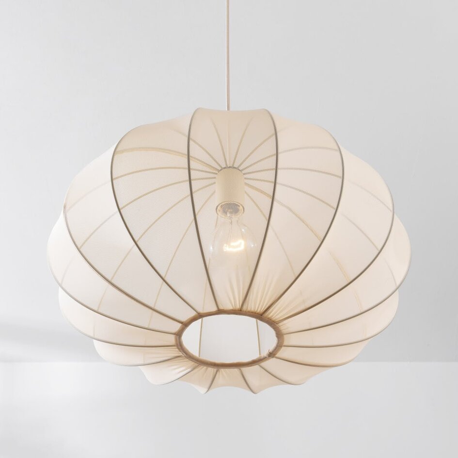 Japandi Hängelampe Ecruva mit rundem Stoffschirm Ø50 cm - warmes Beige mit roséfarbener Untertönung