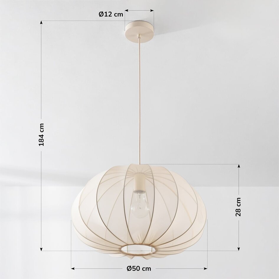 Japandi Hängelampe Ecruva mit rundem Stoffschirm Ø50 cm - warmes Beige mit roséfarbener Untertönung