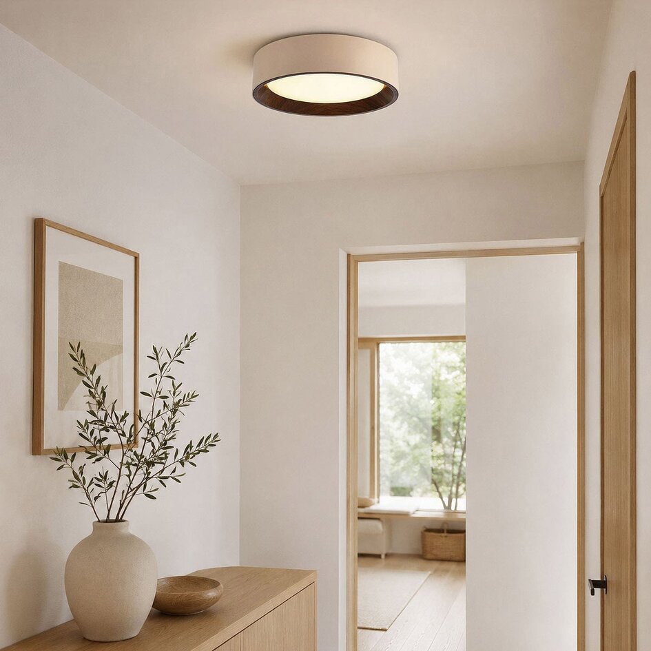 Deckenlampe Nardia mit integrierter LED und 3-stufig dimmbar Ø29 cm in Beige mit Holzakzent