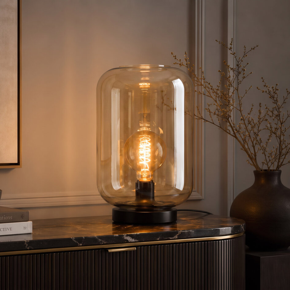 Tischlampe Solo in Schwarz mit Amberglas