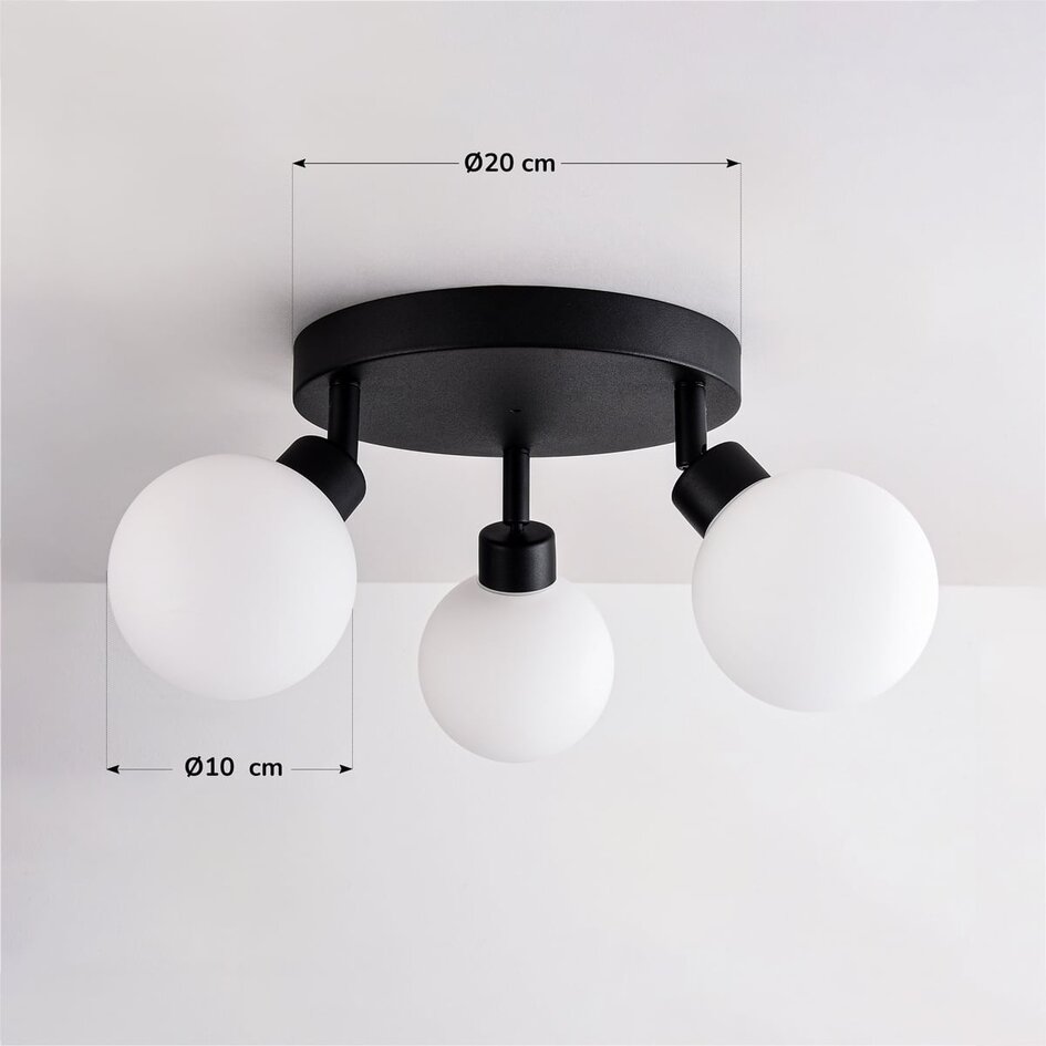 Deckenleuchte Zano mit 3 drehbaren Lichtpunkten - schwarz mit milchweißem Glas