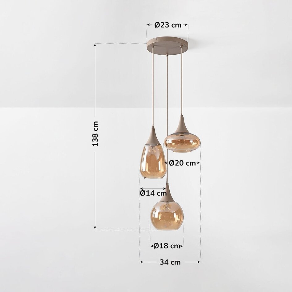 3-flammige Hängelampe Loua mit amber Glas - Sandbeige