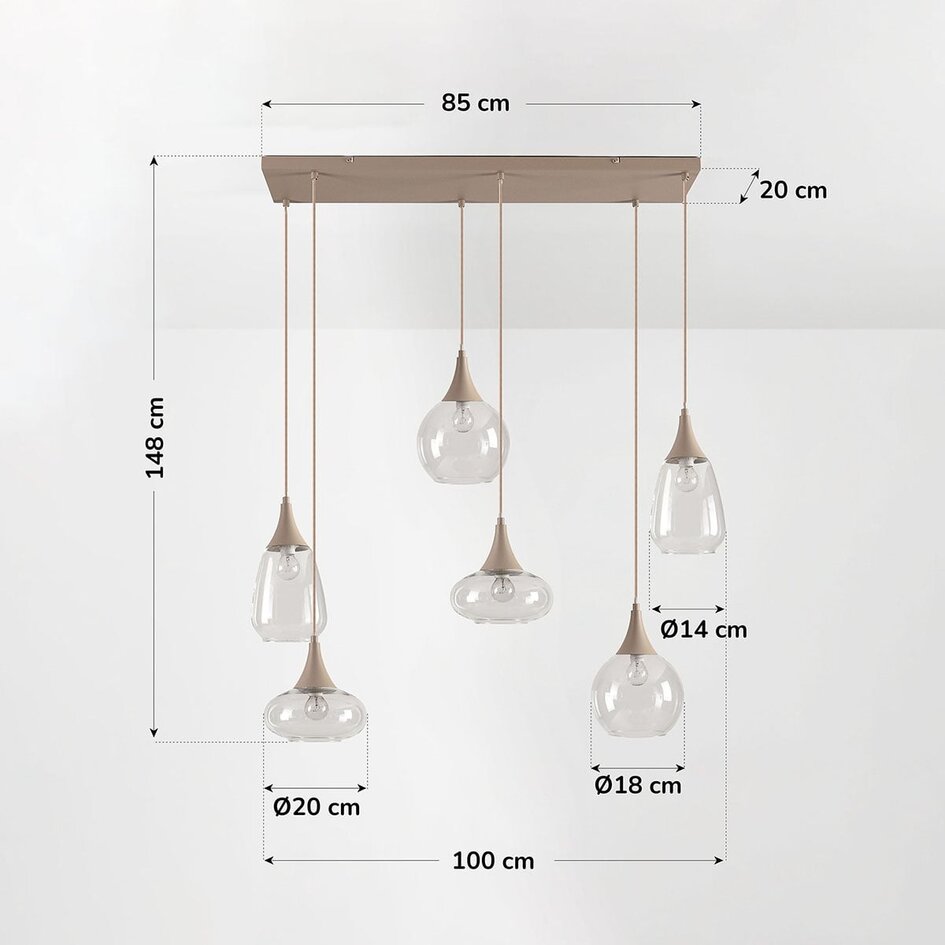 6-flammige Hängelampe Loic mit transparentem Glas - Sandbeige
