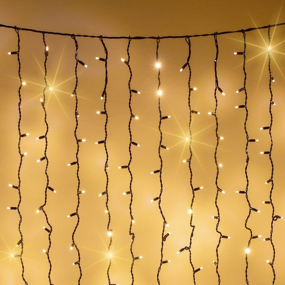 Lichtvorhang erweiterbar schwarz | ab 2 Meter | 300 LEDs | 2200K extra warmweiß mit Funkeln | Gummi