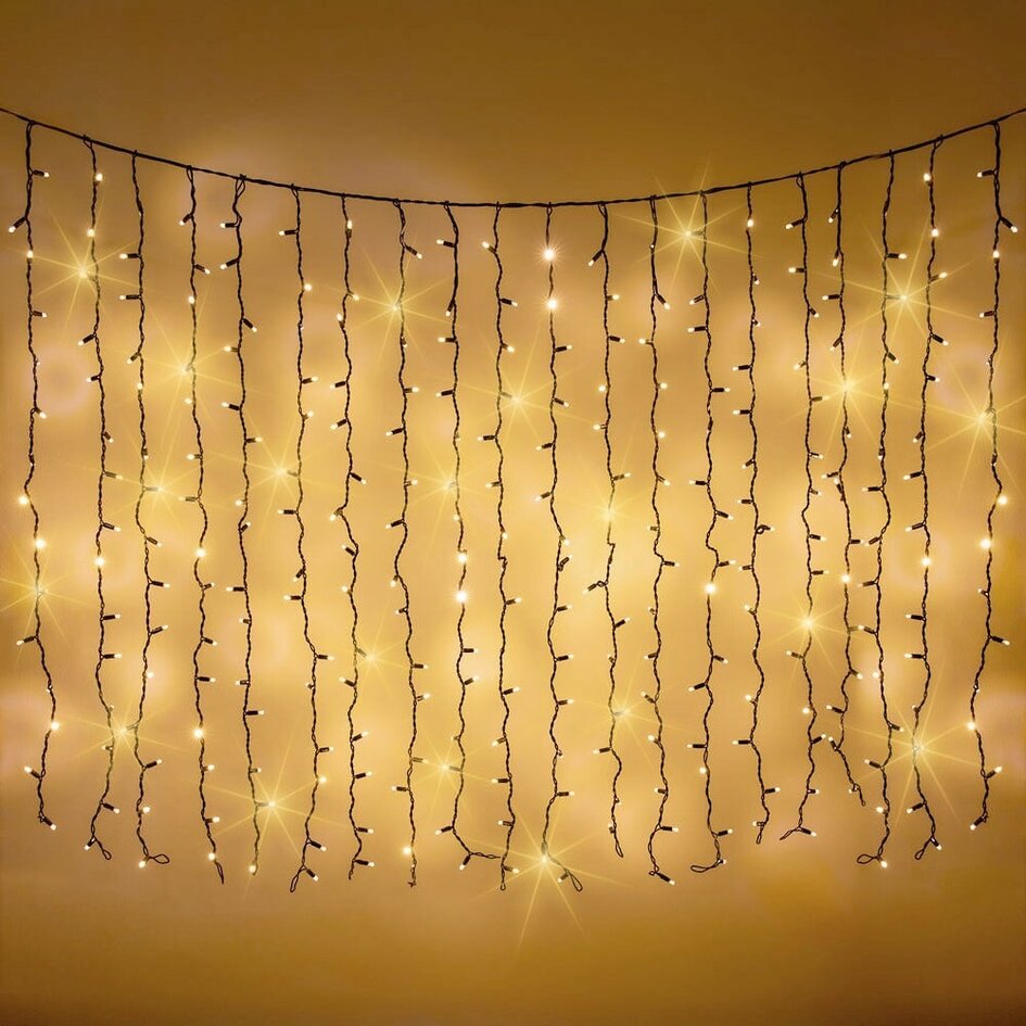 Lichtvorhang erweiterbar schwarz | ab 2 Meter | 300 LEDs | 2200K extra warmweiß mit Funkeln | Gummi